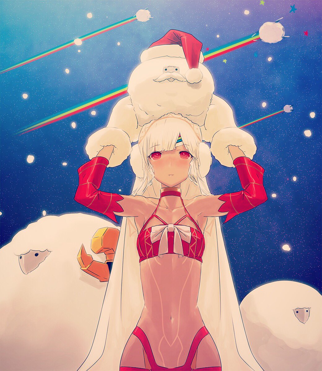 altera_(fate) altera_the_santa bare_shoulders dark_skin detached_sleeves earmuffs fate/grand_order fate_(series) full_body_tattoo gloves groin highres huke navel red_eyes sheep short_hair sky solo star_(sky) starry_sky tattoo white_hair