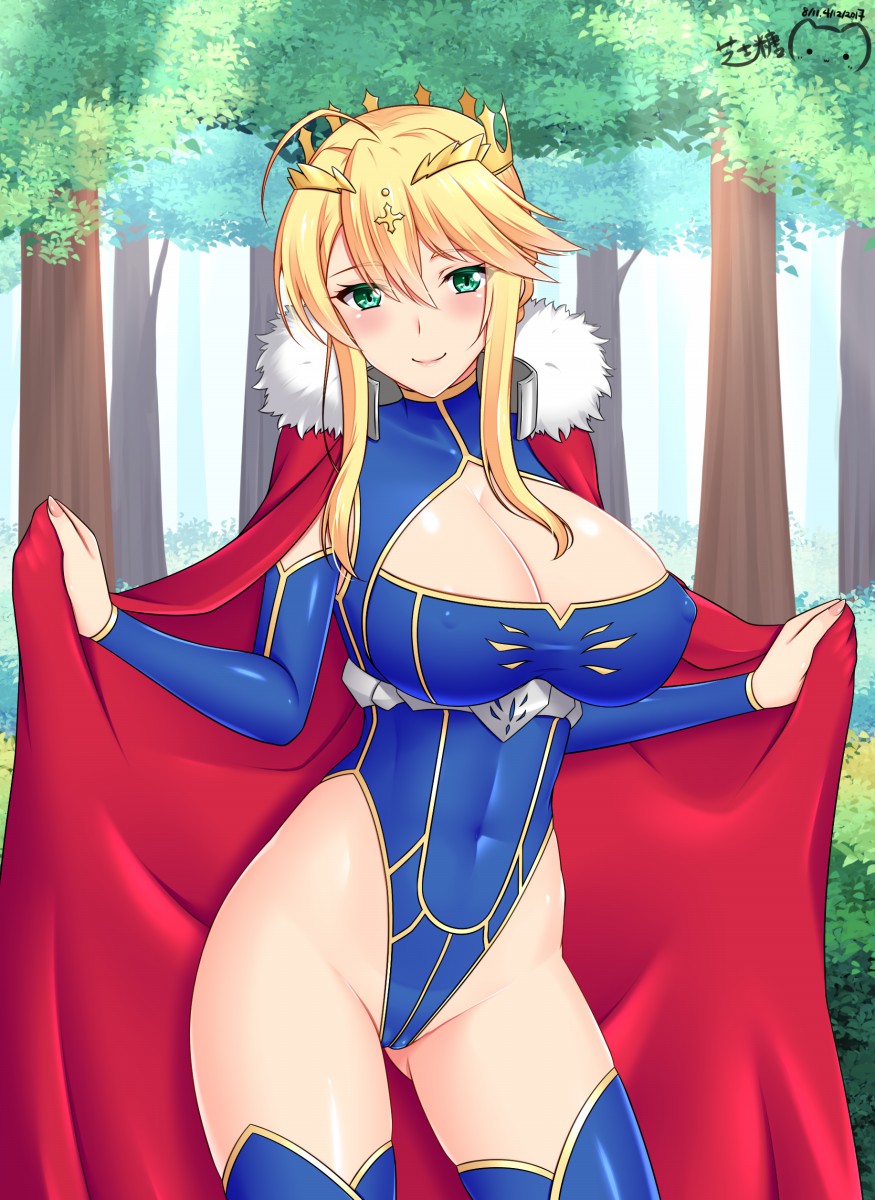 ahoge artoria_pendragon_(all) artoria_pendragon_(lancer) blonde_hair blue_legwear blue_leotard blush breasts bush cameltoe cape cleavage cleavage_cutout covered_navel covered_nipples cowboy_shot dated detached_sleeves fate/grand_order fate_(series) fur_cape fur_trim green_eyes highleg highleg_leotard highres hips impossible_clothes large_breasts leotard lips long_hair looking_at_viewer ppshex red_cape sidelocks signature smile solo thighhighs tree
