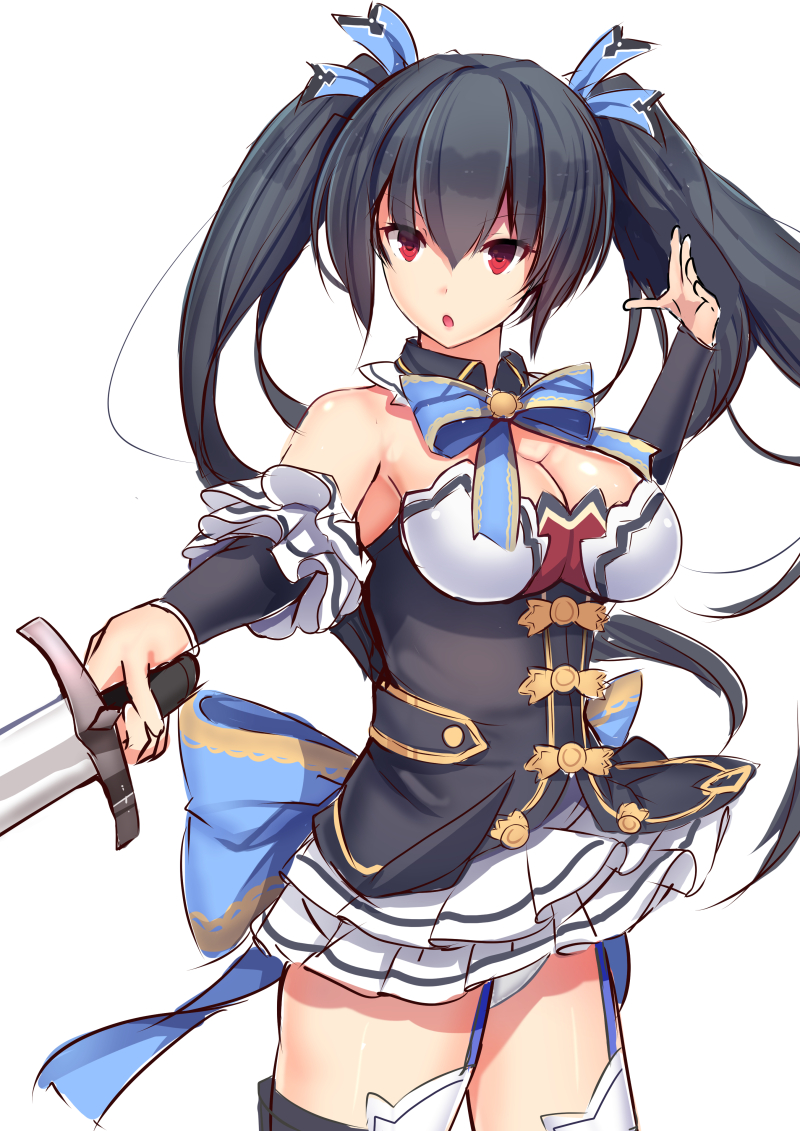 :o bare_shoulders black_hair blue_ribbon breasts cleavage daiaru detached_collar detached_sleeves garter_straps hair_ribbon holding holding_sword holding_weapon long_hair looking_at_viewer medium_breasts neptune_(series) noire red_eyes ribbon skirt solo sword thighhighs twintails weapon white_skirt