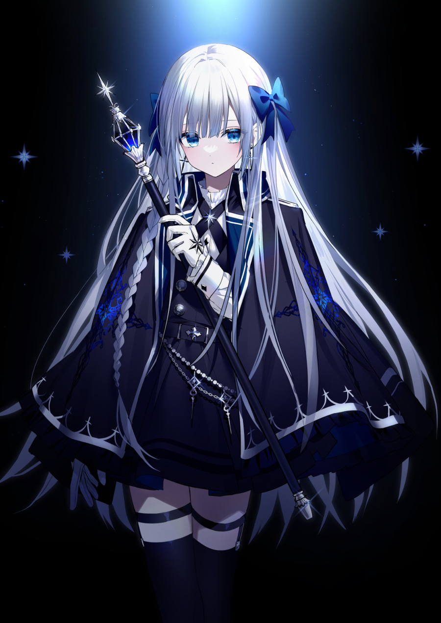 1girl belt black_thighhighs blue_bow blue_eyes bow braid chain cross cross_earrings earrings gloves highres holding holding_scepter jewelry kazunehaka looking_at_viewer original scepter solo star_(symbol) thighhighs white_gloves white_hair