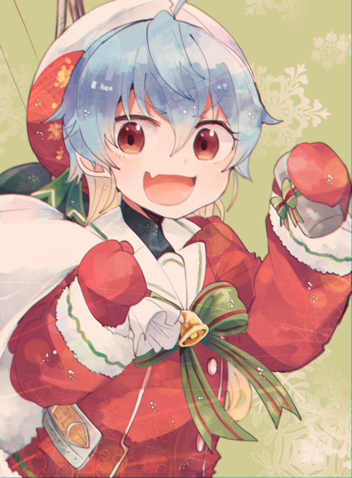 bag bell blue_hair coat itomugi-kun kantai_collection long_sleeves looking_at_viewer mittens multicolored_hair open_mouth red_coat red_eyes red_mittens sado_(kantai_collection) santa_costume short_hair smile snowflakes solo