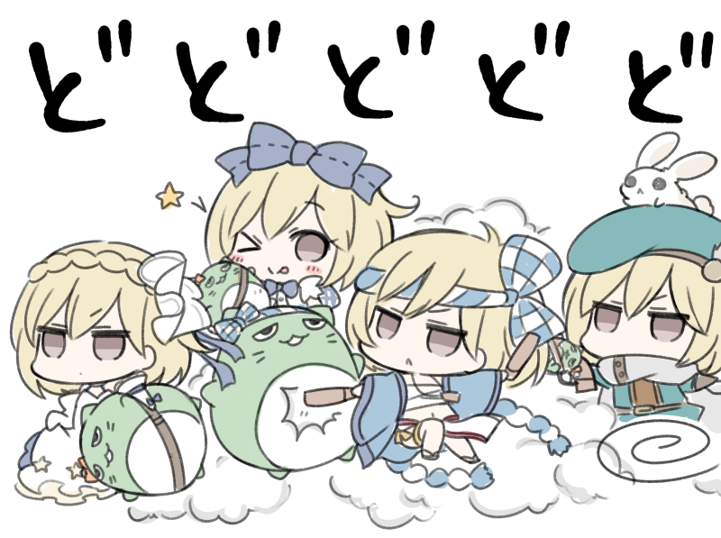 &gt;_o angeltype animal animal_on_head beret blonde_hair blush_stickers bow braid brown_eyes bunny bunny_on_head djeeta_(granblue_fantasy) drum_master_(granblue_fantasy) elysian_(granblue_fantasy) french_braid granblue_fantasy gun hair_bow hat hawkeye_(granblue_fantasy) headband idol_clothes idolmaster idolmaster_cinderella_girls jitome kimi_to_boku_no_mirai multiple_girls necktie on_head one_eye_closed open_mouth pina_korata sarashi short_hair smile tongue tongue_out weapon