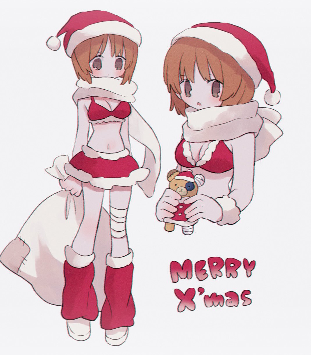 1girl bikini boko_(girls_und_panzer) breasts brown_eyes brown_hair cleavage closed_mouth girls_und_panzer hat highres holding holding_sack holding_stuffed_toy looking_at_viewer medium_breasts merry_christmas navel nishizumi_miho parted_lips red_bikini red_headwear red_leg_warmers red_skirt ri_(qrcode) sack santa_bikini santa_hat short_hair simple_background skirt solo stuffed_animal stuffed_toy swimsuit teddy_bear white_background