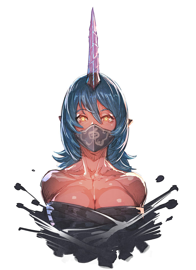 bare_shoulders blue_hair bow_(bhp) breasts cleavage commentary_request cropped_torso face_mask hair_between_eyes horn large_breasts looking_at_viewer mask oni original pointy_ears red_eyes red_skin sarashi short_hair solo upper_body yellow_eyes