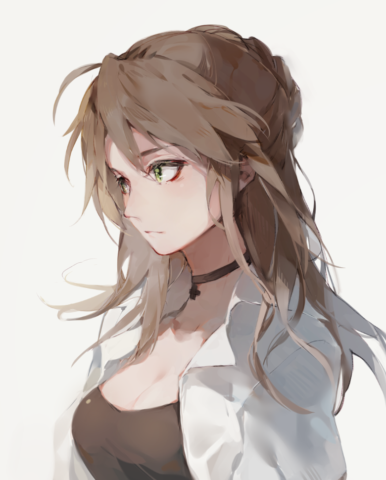 bangs breasts brown_hair choker closed_mouth coat collar girls_frontline green_eyes half_updo lee-enfield_(girls_frontline) long_hair medium_breasts open_clothes open_coat shuzi simple_background solo tank_top upper_body