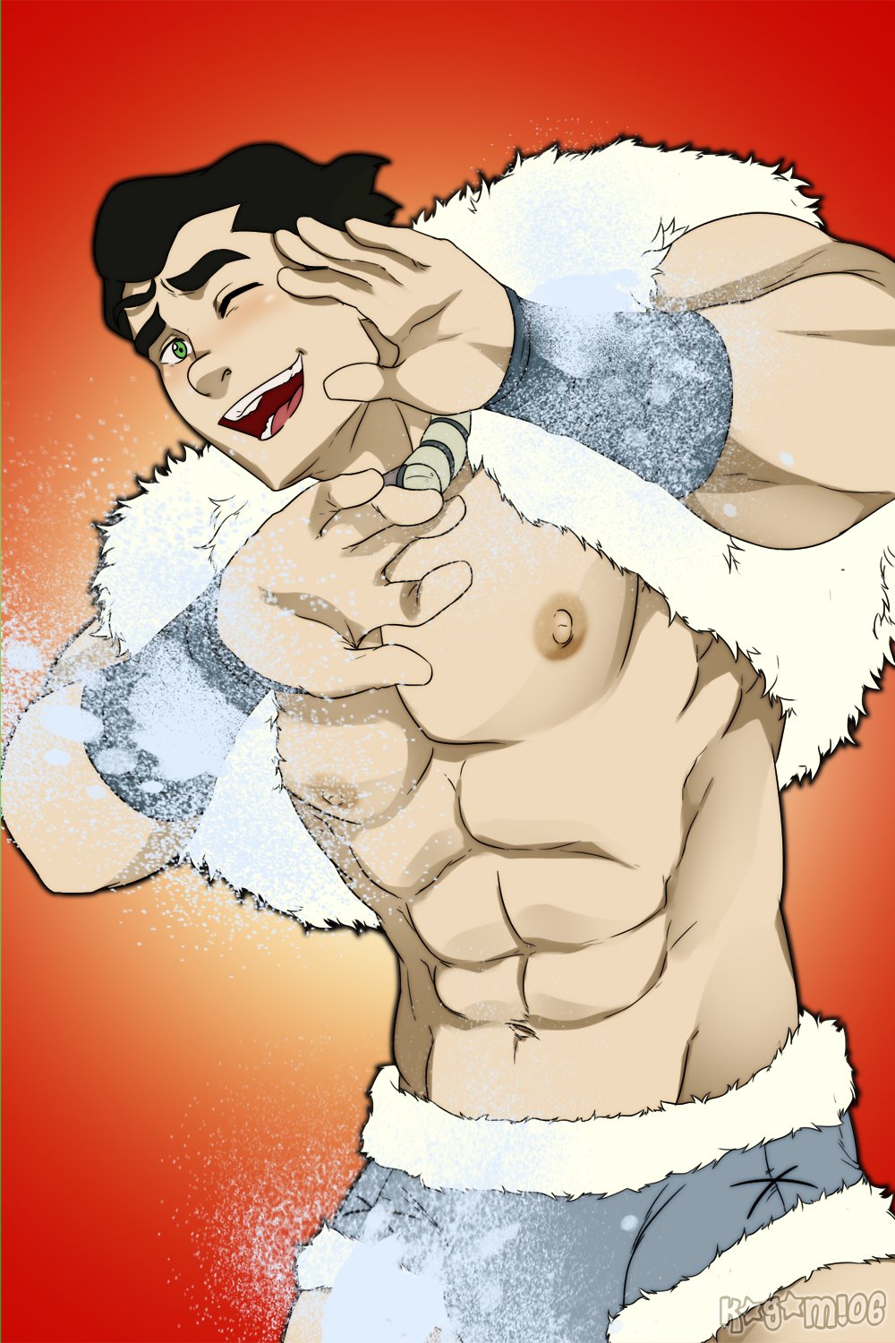 1boy abs artist_name avatar_legends bara black_hair blush bolin gradient_background green_eyes highres kagami06art large_pectorals male_focus muscular muscular_male navel nipples one_eye_closed open_mouth pectorals short_hair simple_background smile snow solo the_legend_of_korra