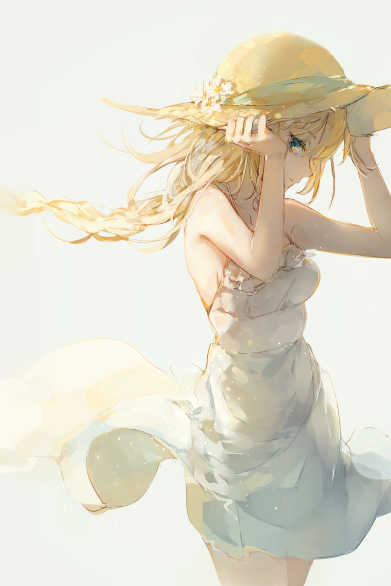 arms_up bangs blonde_hair blue_eyes braid closed_mouth cowboy_shot dress floating_hair g36_(girls_frontline) girls_frontline grey_background hands_on_headwear hat long_hair looking_at_viewer shuzi simple_background solo sun_hat sundress tsurime white_dress