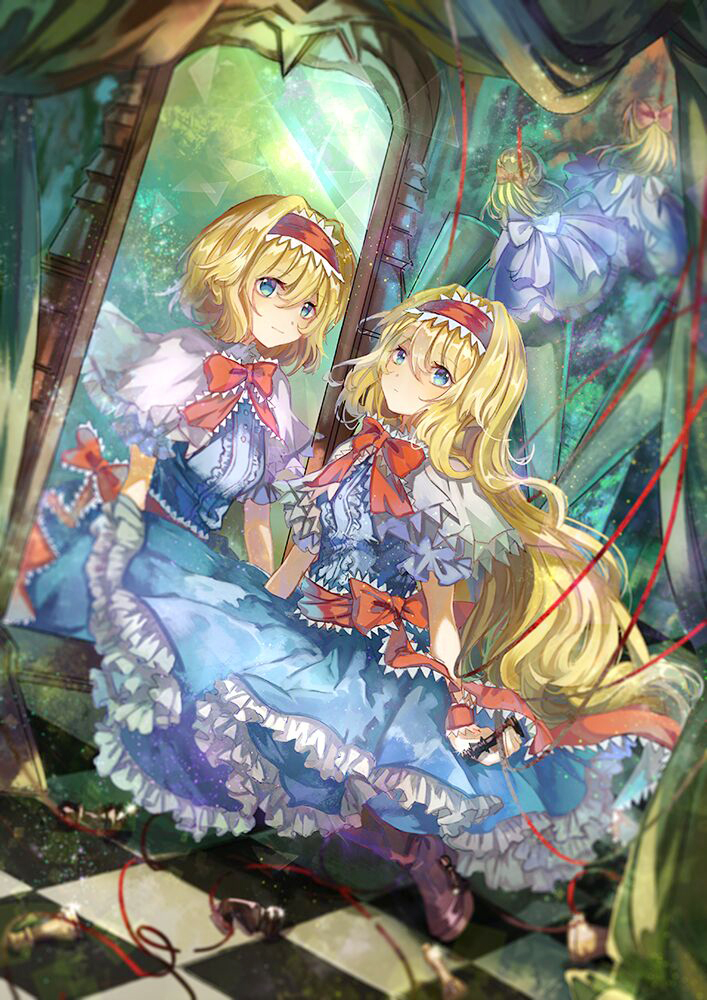 alice_margatroid alternate_hairstyle blonde_hair blue_dress blue_eyes blurry boots bow capelet checkered checkered_floor chess_piece commentary_request dress frills hairband lolita_hairband long_hair looking_at_viewer md5_mismatch mirror petticoat puffy_short_sleeves puffy_sleeves red_bow red_hairband red_neckwear red_sash red_string reflection shanghai_doll short_hair short_sleeves string touhou very_long_hair vima wrist_cuffs