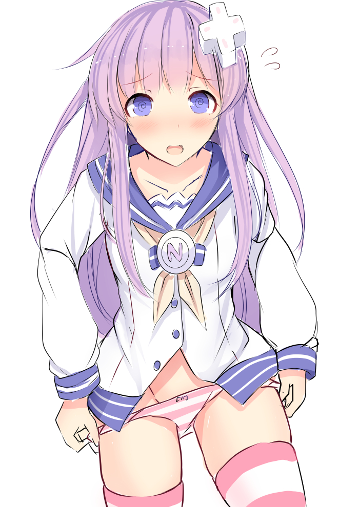 @_@ blush collarbone commentary_request d-pad d-pad_hair_ornament daiaru dress embarrassed hair_ornament hairclip long_hair looking_at_viewer nepgear neptune_(series) open_mouth panties panty_pull purple_eyes purple_hair sailor_dress solo striped striped_legwear striped_panties thighhighs underwear