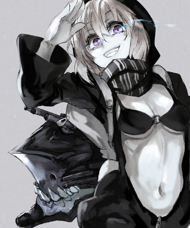 1girl abyssal_ship backpack bag bikini bikini_top_only black_bikini black_hoodie breasts commentary eye_trail grey_background grin hair_between_eyes hood hoodie kantai_collection light_trail looking_at_viewer medium_breasts navel o-ring o-ring_bikini o-ring_top pale_skin partially_unzipped pepe_(jonasan) purple_eyes re-class_battleship salute scarf short_hair smile solo swimsuit tail turret white_bag white_hair zipper