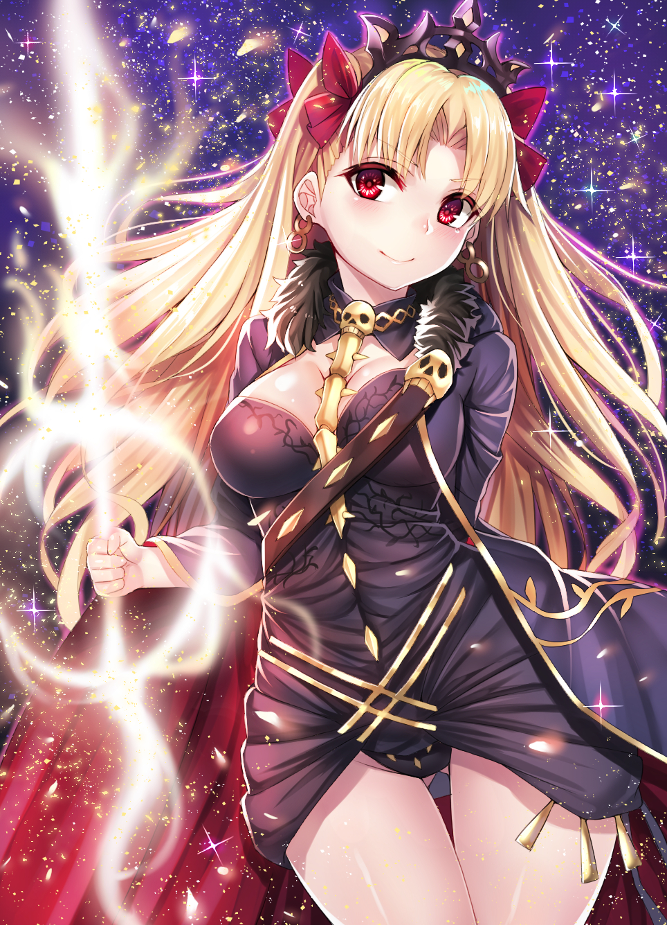 arm_behind_back ass_visible_through_thighs bangs beeyan between_breasts blonde_hair blush breasts cape cleavage closed_mouth commentary_request earrings ereshkigal_(fate/grand_order) fate/grand_order fate_(series) glowing glowing_weapon hair_ribbon highres holding holding_weapon infinity jewelry long_hair medium_breasts parted_bangs red_eyes red_ribbon ribbon skull sky solo sparkle spine star_(sky) starry_sky thigh_gap tiara two_side_up weapon