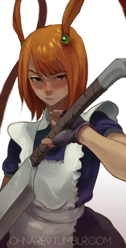 apron commentary fingerless_gloves flat_chest gloves hatchet holding holding_weapon looking_at_viewer maid nose_hatchet ohnarev orange_hair original raised_eyebrow red_eyes solo sword weapon