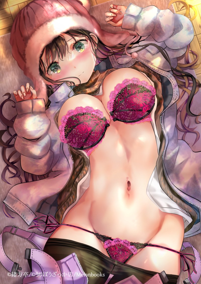 1girl black_pantyhose blush bra breasts brown_hair clothes_lift clothes_pull front-hook_bra green_eyes hat jacket large_breasts lingerie long_hair looking_at_viewer lying melonbooks navel ogata_tei on_back open_clothes open_jacket original panties pantyhose pantyhose_pull pink_bra pink_panties solo sweater sweater_lift underwear undone_bra unzipped
