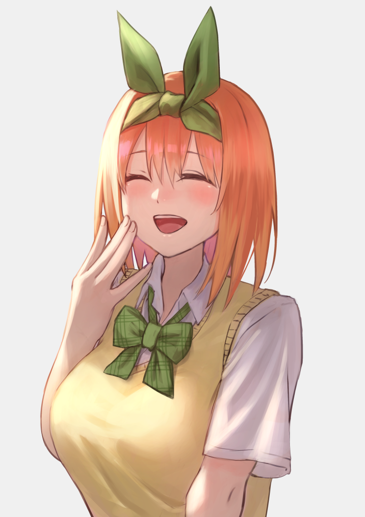 1girl bow bowtie breasts closed_eyes collared_shirt go-toubun_no_hanayome gomashiwo_o green_bow green_bowtie green_hairband grey_background hairband hand_to_own_mouth large_breasts medium_hair nakano_yotsuba open_mouth orange_hair shirt simple_background solo sweater_vest teeth upper_teeth_only white_shirt yellow_sweater_vest