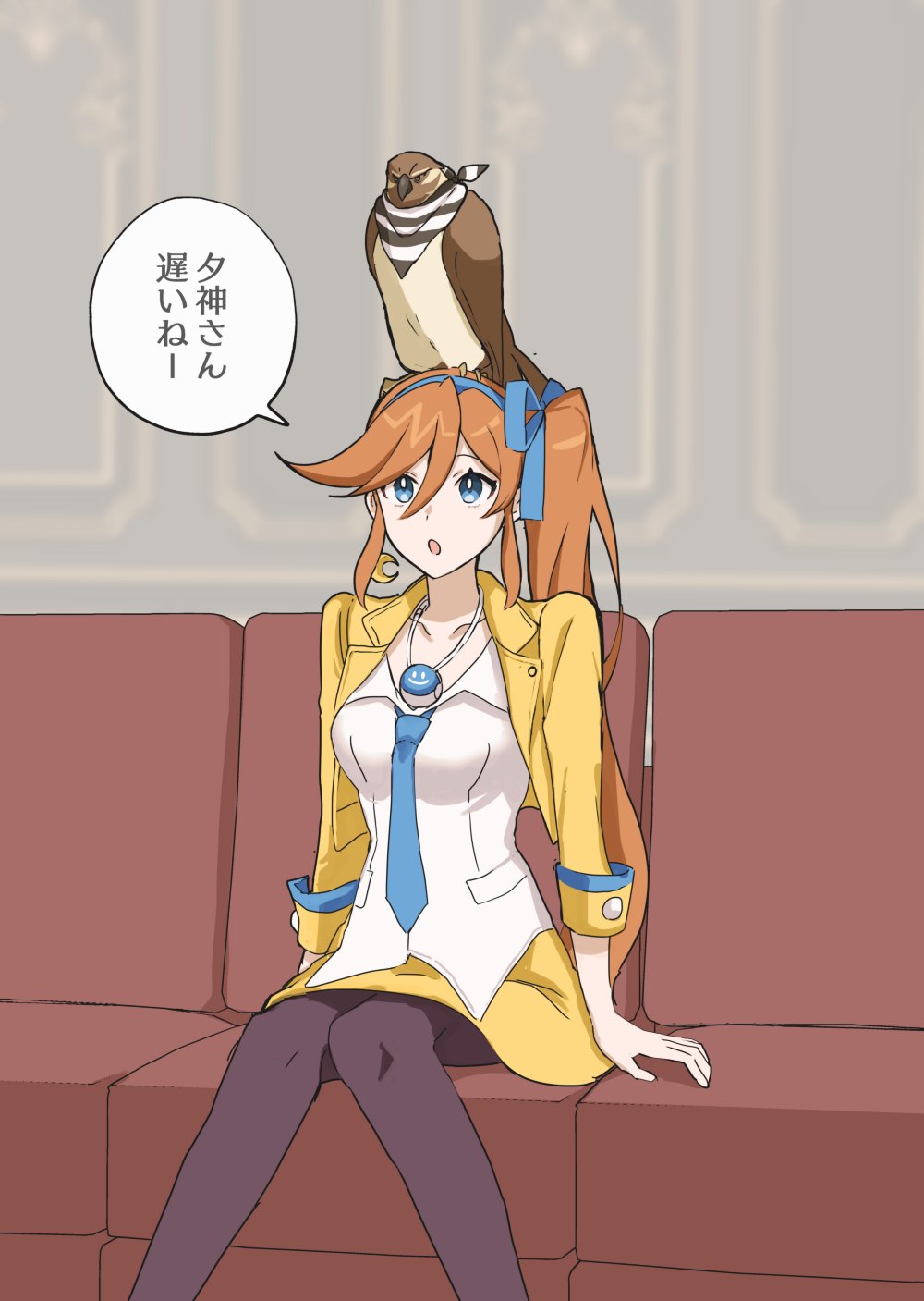 1girl ace_attorney animal animal_on_head athena_cykes bird bird_on_head black_pantyhose blue_eyes blue_necktie blue_ribbon couch crescent crescent_earrings cropped_jacket earrings gumi_(gelatin) hair_between_eyes hair_ribbon hawk highres jacket jewelry long_hair necklace necktie on_couch on_head open_clothes open_jacket open_mouth orange_hair pantyhose ribbon shirt side_ponytail single_earring sitting skirt speech_bubble taka_(ace_attorney) translation_request white_shirt yellow_jacket yellow_skirt