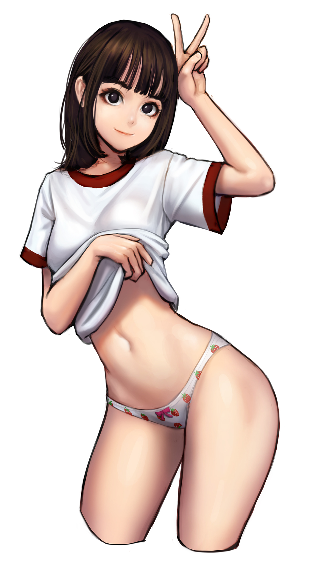 arm_up bangs black_eyes blunt_bangs closed_mouth contrapposto cropped_legs food_print hand_on_own_head highres jungon_kim leaning_to_the_side lifted_by_self navel no_pupils original panties print_panties shirt shirt_lift short_hair short_sleeves simple_background smile solo standing stomach strawberry_panties strawberry_print thighs underwear v white_background white_shirt
