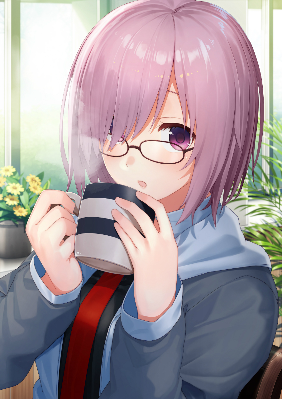 bangs black_shirt blue_hoodie blue_jacket blush brown-framed_eyewear coffee_mug commentary_request cup dacchi fate/grand_order fate_(series) flower glasses hair_over_one_eye highres holding holding_cup hood hood_down indoors jacket long_sleeves looking_at_viewer mash_kyrielight mug necktie parted_lips pink_hair plant potted_plant purple_eyes red_neckwear shirt sitting solo striped yellow_flower