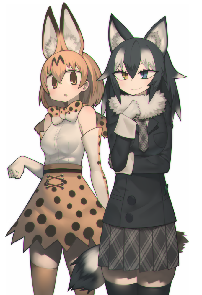 :o animal_ears bare_shoulders black_hair blue_eyes blush bow bowtie breasts closed_mouth commentary_request cowboy_shot elbow_gloves fur_collar gloves grey_neckwear grey_skirt grey_wolf_(kemono_friends) hair_between_eyes harau heterochromia high-waist_skirt kemono_friends long_sleeves looking_at_viewer medium_breasts multiple_girls necktie orange_hair orange_legwear orange_neckwear orange_skirt parted_lips pleated_skirt serval_(kemono_friends) serval_ears serval_print serval_tail shirt simple_background skirt sleeveless sleeveless_shirt slit_pupils smile standing tail thighhighs white_background white_shirt wolf_ears wolf_tail yellow_eyes zettai_ryouiki