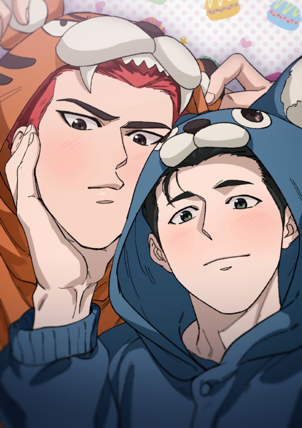 2boys animal_hood black_hair blue_pajamas blush brown_pajamas closed_mouth hand_on_another's_face highres hood hood_up looking_at_viewer male_focus mew_shepherd mito_youhei multiple_boys pajamas red_hair sakuragi_hanamichi short_hair slam_dunk_(series) smile