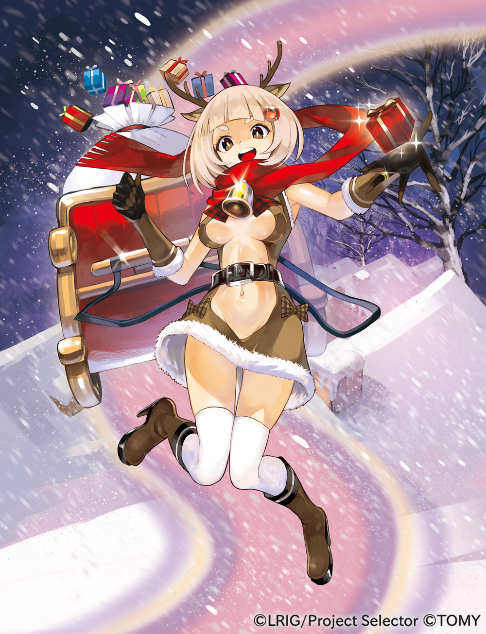 animal_costume animal_ears antlers bell belt blizzard boots box breasts brown_eyes center_opening fur_trim gift gift_box gloves high_heel_boots high_heels highres medium_breasts navel night official_art open_mouth outdoors over-kneehighs reindeer_antlers reindeer_costume reindeer_ears sack scarf short_hair sled snow solo thighhighs tokiti white_hair wixoss