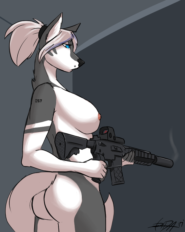 2017 anthro assault_rifle big_breasts blue_eyes breasts butt canine digital_media_(artwork) dog female gun husky kida_howlette looking_into_distance m-16 mammal nipple_peircings nipples nude ranged_weapon rifle side_boob side_profile simple_background solo weapon