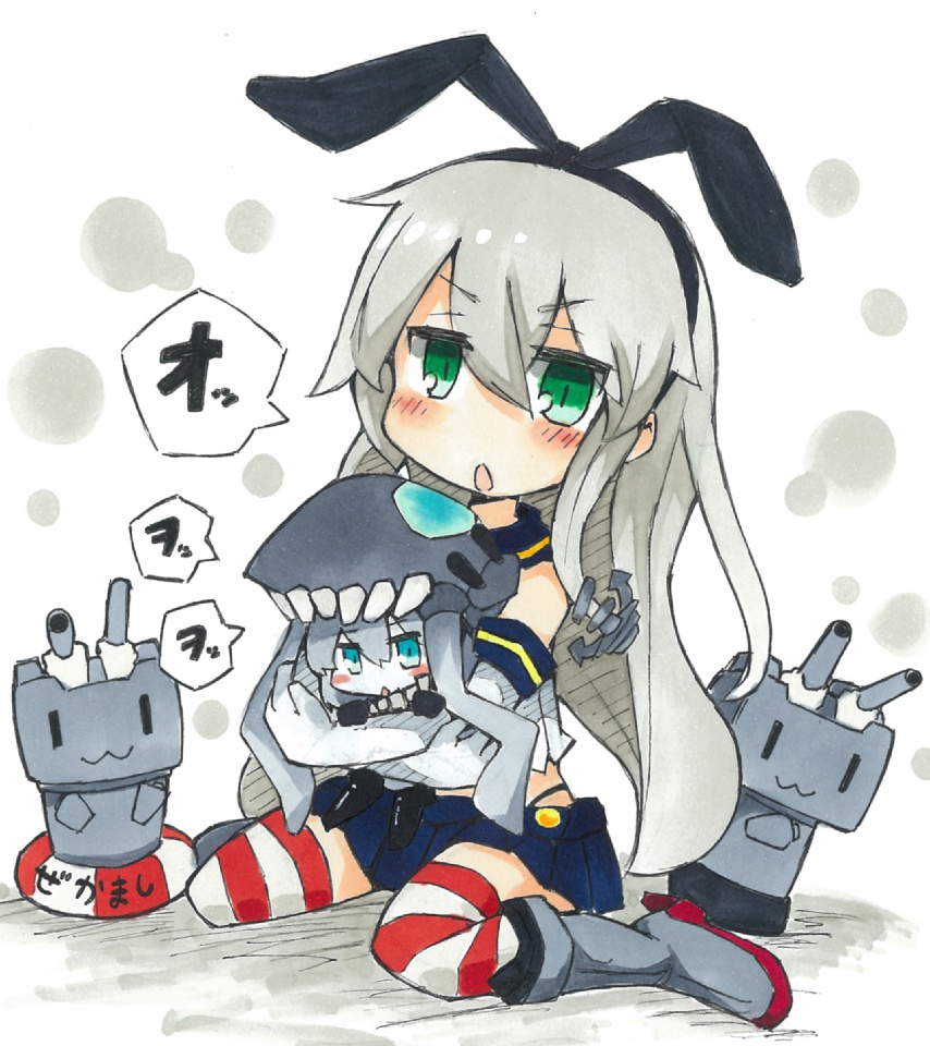 :3 black_bow blush_stickers boots bow chibi commentary elbow_gloves eyebrows_visible_through_hair gloves green_eyes hair_between_eyes hair_bow hairband high_heel_boots high_heels igo_miku jitome kantai_collection long_hair looking_at_viewer multiple_girls rensouhou-chan school_uniform serafuku shimakaze_(kantai_collection) silver_hair sitting speech_bubble striped striped_legwear thighhighs traditional_media v-shaped_eyebrows wariza white_gloves white_skin wo-class_aircraft_carrier