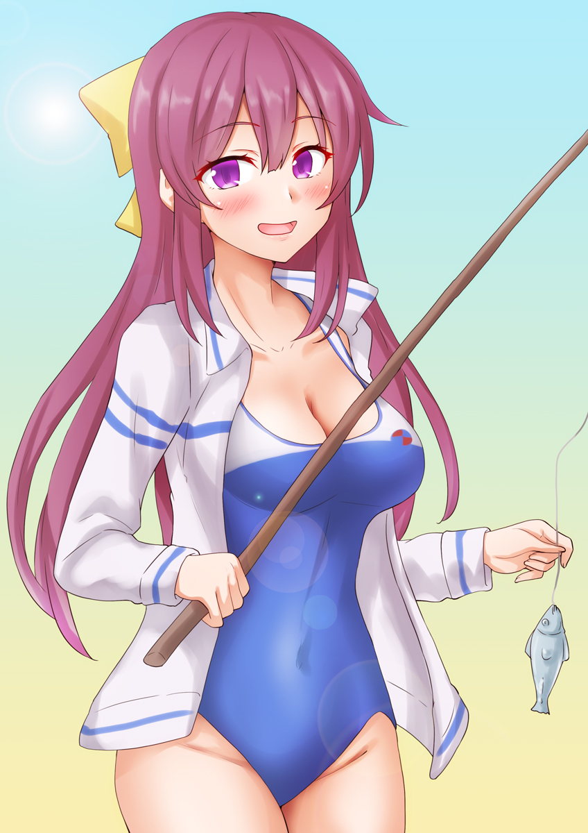1girl anti_(untea9) blue_background blush bow breasts cleavage collarbone competition_swimsuit fishing_rod gradient_background hair_bow hair_ribbon high_school_fleet highres jacket kamikaze_(kancolle) kantai_collection long_hair looking_at_viewer medium_breasts one-piece_swimsuit open_mouth purple_eyes purple_hair ribbon smile solo swimsuit two-tone_swimsuit white_jacket yellow_background yellow_bow yellow_ribbon