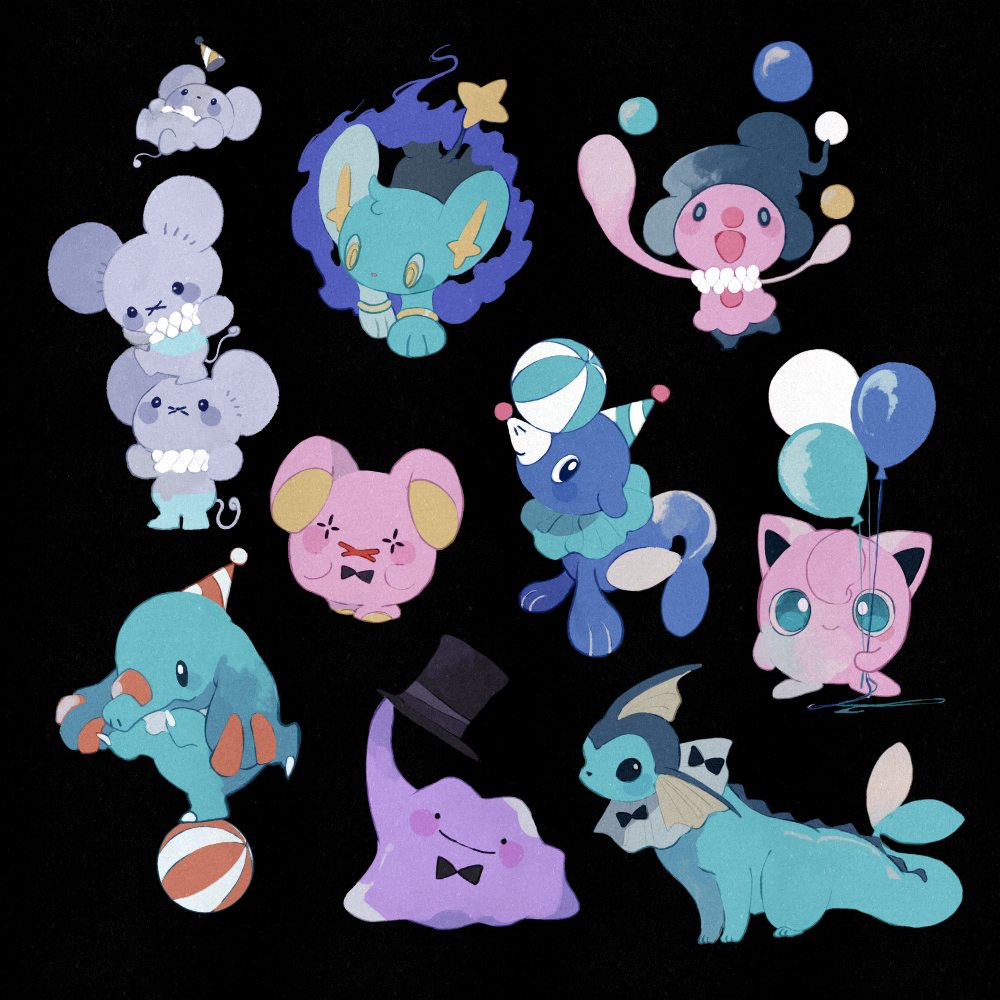 ball balloon black_background blush bow bowtie ditto hat jigglypuff juggling li04r mr._mime no_humans party_hat phanpy pokemon pokemon_(creature) popplio shinx tandemaus top_hat vaporeon whismur