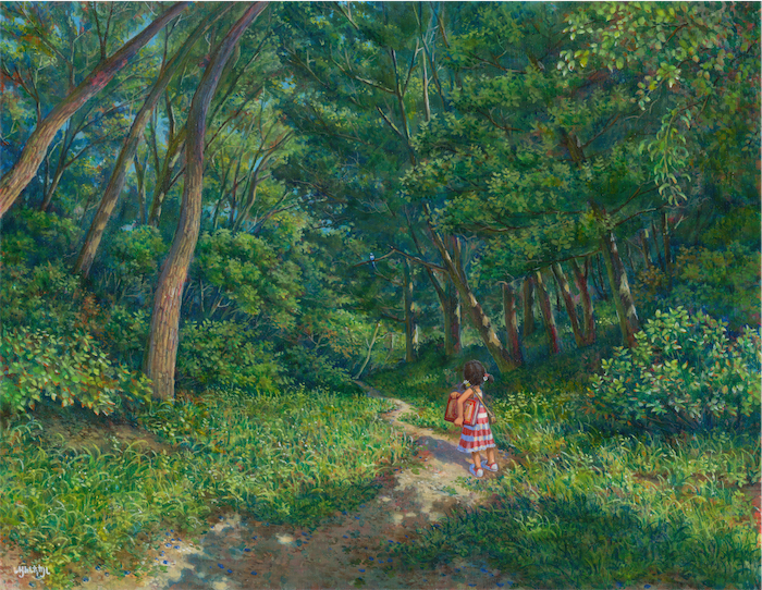 acrylic_paint_(medium) bag book carrying_under_arm child commentary dappled_sunlight day dress forest from_behind handbag nature original outdoors path road scenery shadow shiraishi_takashi shoes signature sneakers solo standing striped striped_dress sunlight traditional_media twintails wide_shot