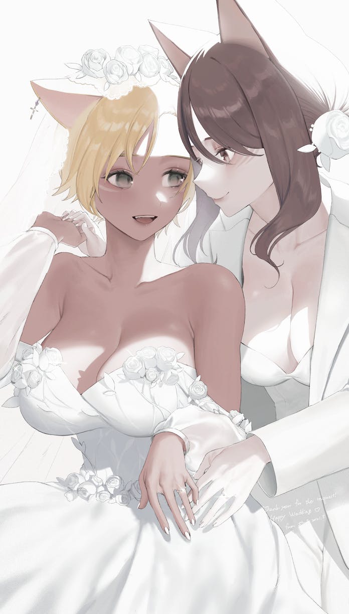 2girls animal_ears bare_shoulders blonde_hair bloom breasts brown_hair cleavage closed_mouth coat collarbone commentary commission cross dress english_commentary eye_contact fingernails flower fox_ears fox_girl grey_eyes hair_flower hair_ornament highres holding_hands jewelry jpeg_artifacts latin_cross long_hair long_sleeves looking_at_another medium_breasts multiple_girls nail_polish open_clothes open_coat open_mouth original ring rose short_hair simple_background skeb_commission smile teeth thank_you upper_teeth_only wedding_dress white_background white_coat white_dress white_flower white_nails white_rose youichi_(45_01)
