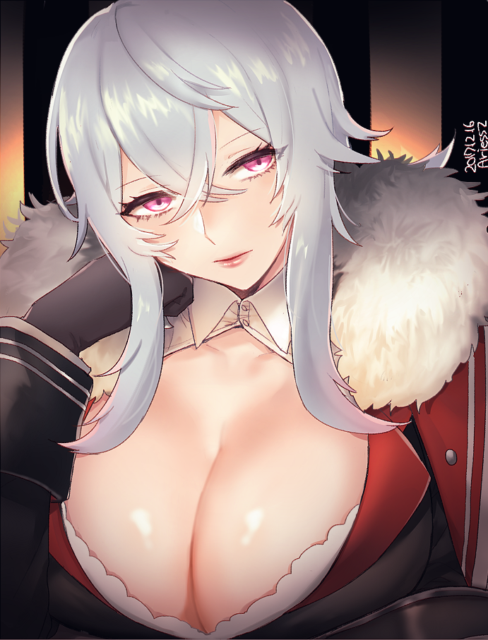 ariesuzu_(ariessz) arm_support artist_name azur_lane black_gloves blush breasts cleavage closed_mouth dated eyebrows_visible_through_hair fur_collar fur_trim gloves graf_zeppelin_(azur_lane) hair_between_eyes hand_on_own_cheek hand_up head_tilt large_breasts lips long_sleeves looking_at_viewer pink_eyes shiny shiny_hair shiny_skin sidelocks solo upper_body