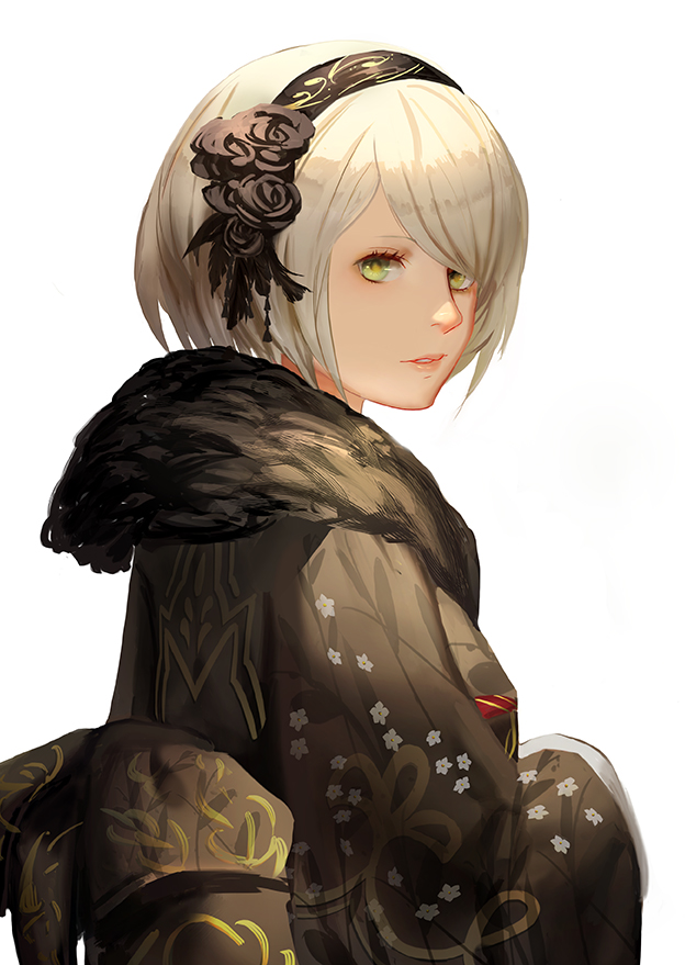 alternate_costume bangs black_flower black_hairband black_rose eyelashes floral_print flower from_side fur green_eyes hair_flower hair_ornament hairband japanese_clothes kimono long_sleeves looking_at_viewer nier_(series) nier_automata no_blindfold nose obi parted_lips pink_lips rose sash short_hair silver_hair simple_background solo stellarien swept_bangs teeth upper_body white_background wide_sleeves yorha_no._2_type_b