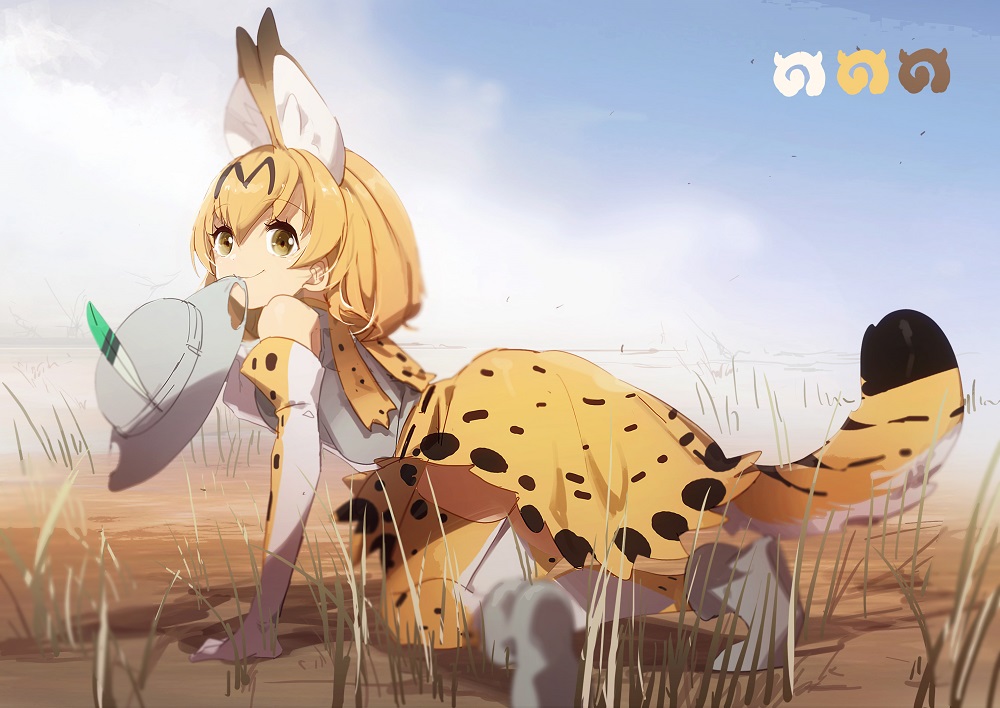all_fours animal_ears blonde_hair cloud day elbow_gloves extra_ears gloves hat hat_feather helmet japari_symbol kemono_friends looking_back mouth_hold multicolored multicolored_clothes multicolored_gloves multicolored_legwear no-kan outdoors pith_helmet print_gloves print_legwear print_skirt serval_(kemono_friends) serval_ears serval_print serval_tail skirt sky smile solo tail thighhighs white_gloves white_legwear yellow_eyes yellow_gloves yellow_legwear yellow_skirt