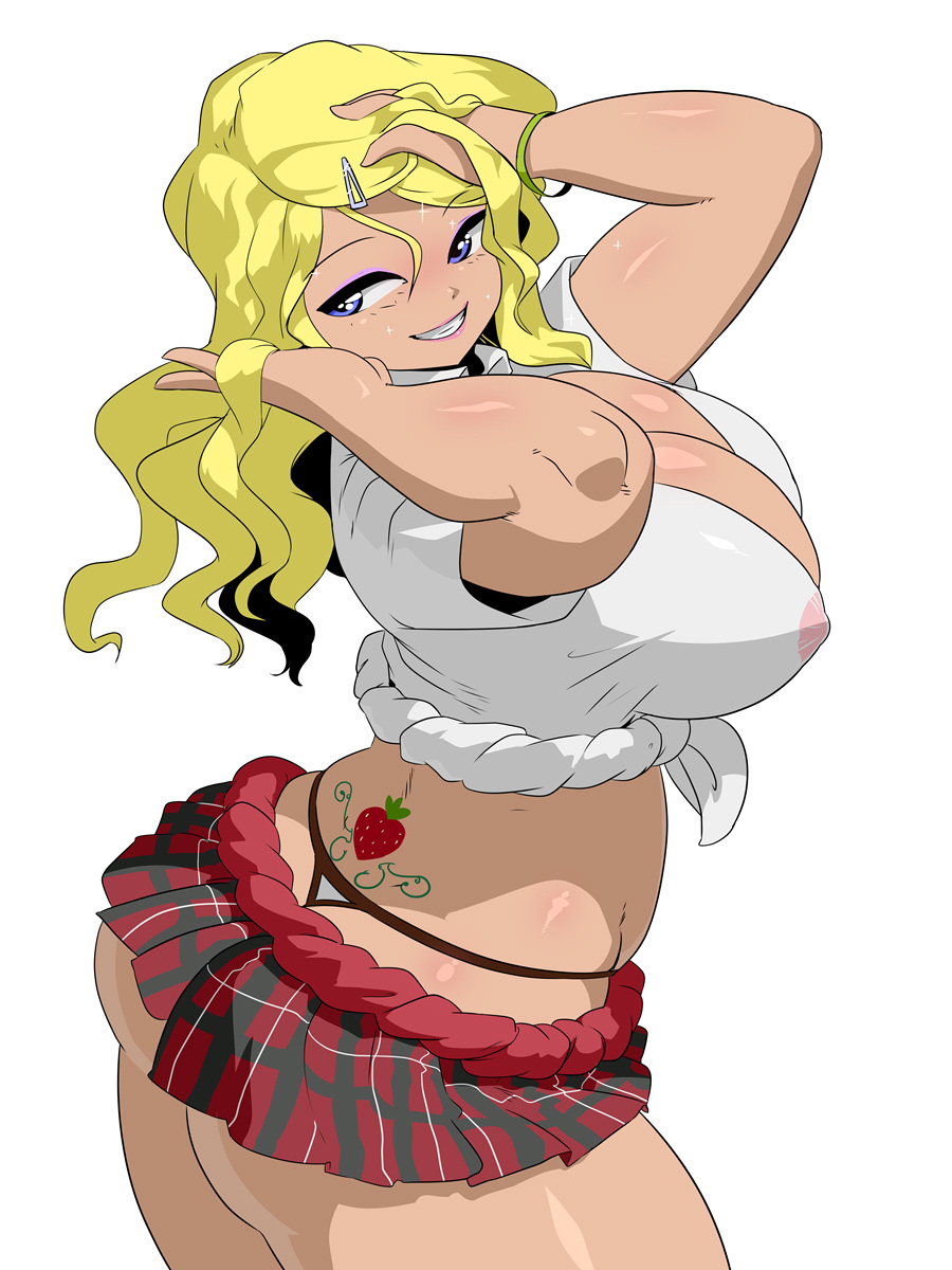 1girl ass blonde_hair blue_eyes breasts cleavage curvy dark_skin erect_nipples grin hair_ornament large_breasts long_hair school_uniform see-through skirt smile solo tattoo thick_thighs thighs thong wide_hips