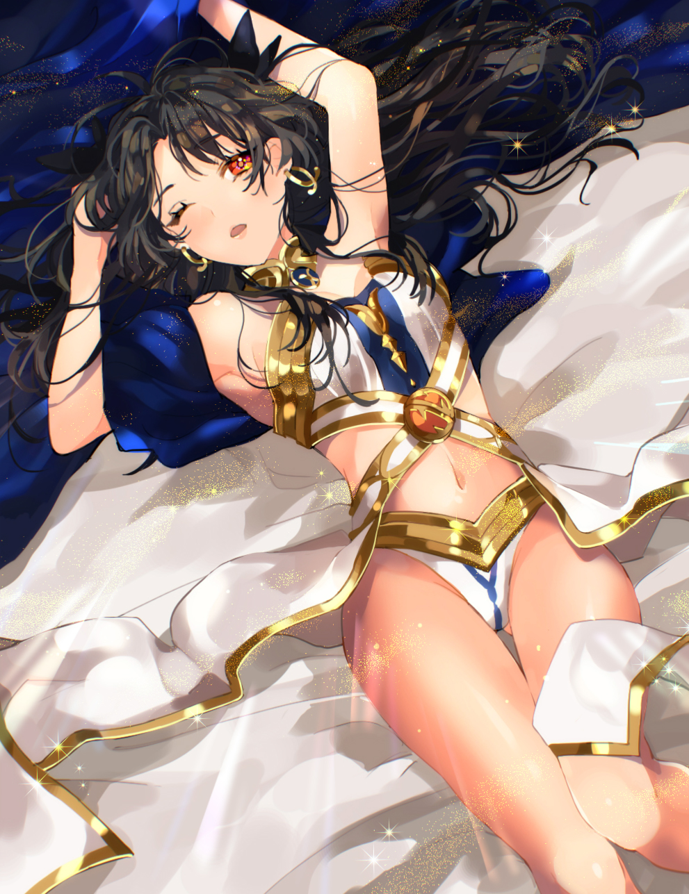 ;o armpits arms_up ass_visible_through_thighs bad_id bad_pixiv_id bed_sheet black_hair black_ribbon blush breasts cleavage collar earrings fate/grand_order fate_(series) from_above hair_ribbon highres i_(yunyuniraaka) ishtar_(fate/grand_order) jewelry light_particles long_legs looking_at_viewer lying medium_breasts messy_hair navel on_back on_bed one_eye_closed open_mouth red_eyes ribbon solo sparkle strapless thigh_gap thighs waist_cape