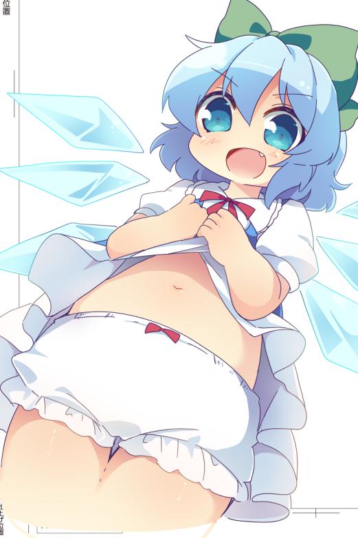 blue_dress bow cirno commentary_request dress dress_lift hair_bow ice ice_wings looking_at_viewer matatabi_(nigatsu) simple_background skirt skirt_lift touhou underwear white_background wings