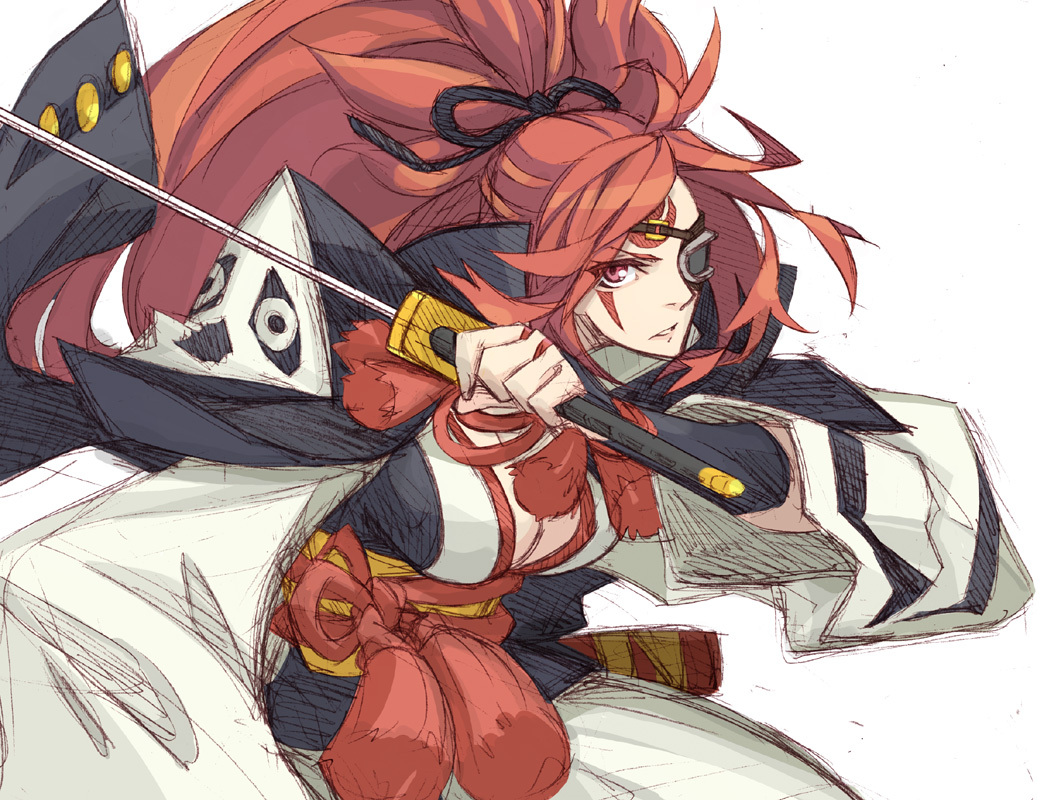 baiken breasts cleavage eyepatch facial_tattoo guilty_gear guilty_gear_xrd holding holding_sword holding_weapon katana large_breasts nayutarou_(nyt_kag) pink_eyes ponytail red_hair solo sword tattoo weapon