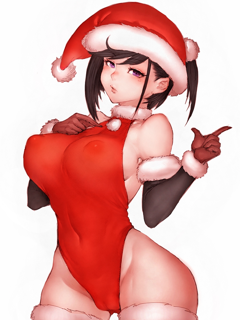 bare_shoulders black_hair breasts christmas covered_navel covered_nipples fumio_(rsqkr) gloves hat large_breasts lips looking_at_viewer original red_gloves red_legwear santa_costume santa_hat simple_background solo thighhighs white_background