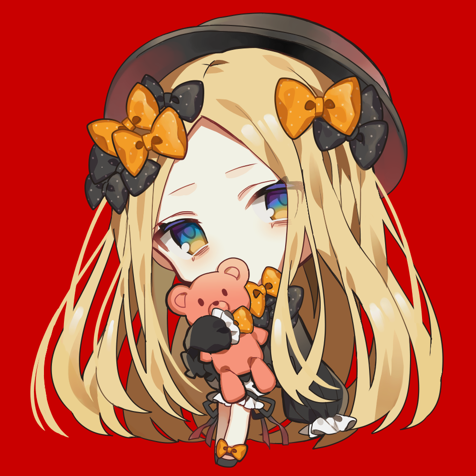 abigail_williams_(fate/grand_order) absurdly_long_hair bangs black_bow black_dress black_footwear black_hat blonde_hair bloomers blue_eyes bow bug butterfly chibi dress fate/grand_order fate_(series) full_body hair_bow hat head_tilt insect long_hair long_sleeves looking_at_viewer object_hug orange_bow parted_bangs polka_dot polka_dot_bow red_background shiroko shoes simple_background sleeves_past_wrists solo standing stuffed_animal stuffed_toy teddy_bear underwear very_long_hair white_bloomers