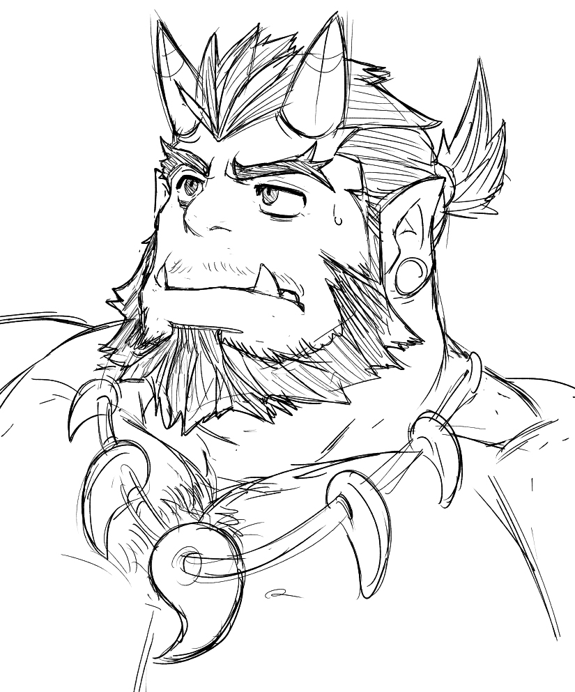 1boy bara beard blue_oni_(saltypoundcake) chest_hair facial_hair full_beard greyscale jewelry large_pectorals looking_ahead magatama magatama_necklace male_focus mature_male monochrome monster_boy muscular muscular_male mustache_stubble necklace oni original pectorals pointy_ears portrait saltypoundcake short_hair sketch solo sparse_chest_hair stubble thick_beard thick_eyebrows thick_neck