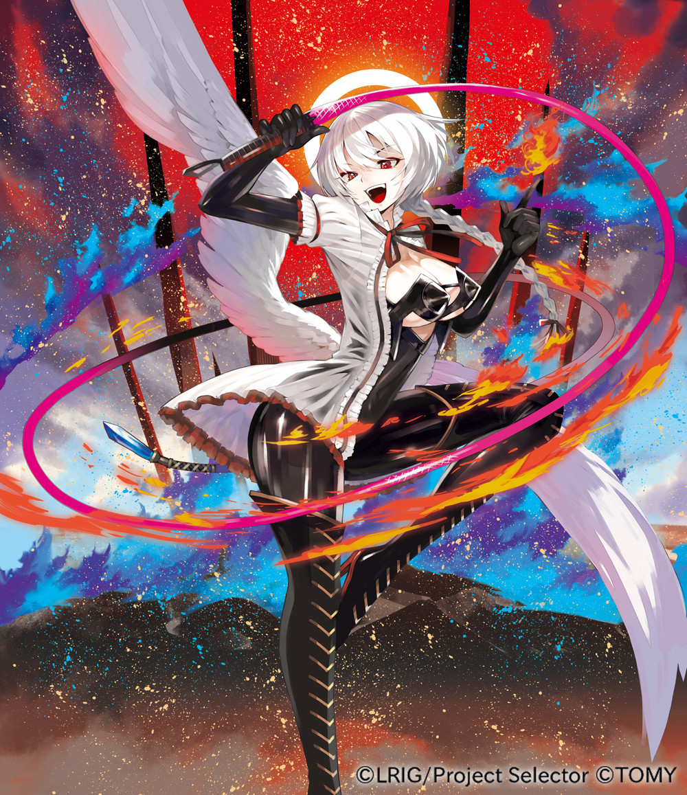 angel angel_wings boots braid breasts cleavage elbow_gloves fire gloves halo large_breasts long_hair official_art open_mouth red_eyes shiny shiny_clothes thigh_boots thighhighs tokiti whip white_hair wings wixoss