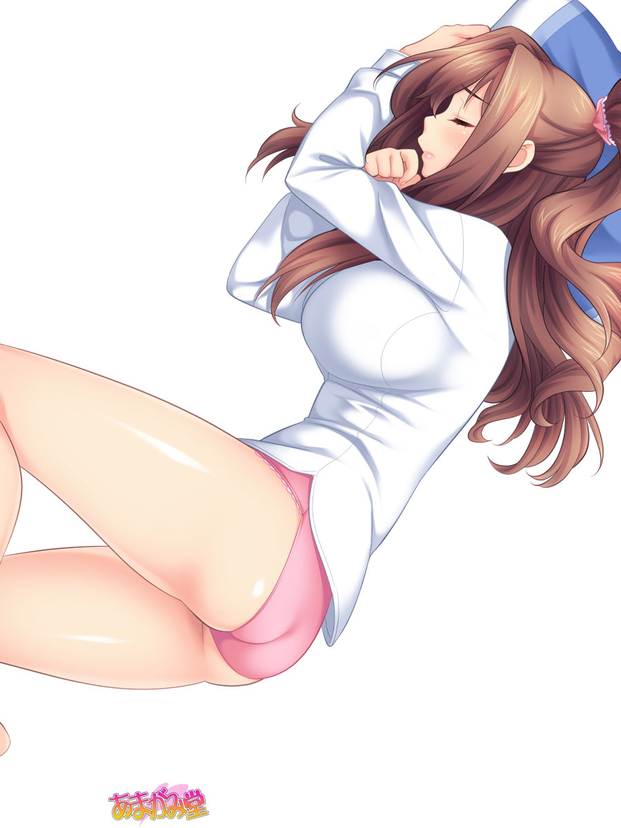 amagamido ass bare_legs blush breasts brown_hair closed_eyes cropped_legs highres kumi_(amagamido) large_breasts long_hair lying on_side one_side_up original panties pillow pink_panties shiny shiny_skin shirt simple_background sleeping solo underwear white_background white_shirt