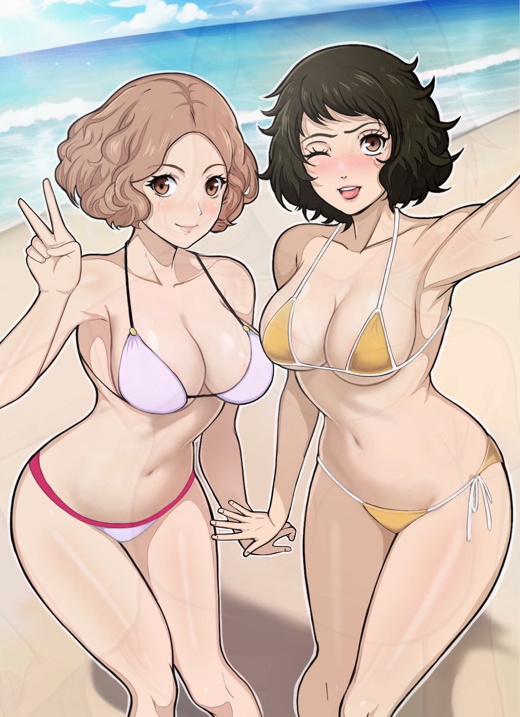 2girls ;d arm_up beach bikini black_hair blue_sky blush breasts brown_eyes brown_hair closed_mouth collarbone commentary day english_commentary hand_up highres kawakami_sadayo large_breasts lepypepy medium_breasts multiple_girls navel ocean okumura_haru one_eye_closed open_mouth outdoors outstretched_arm persona persona_5 pink_bikini revision selfie short_hair sky smile stomach swimsuit thighs tongue tongue_out v yellow_bikini