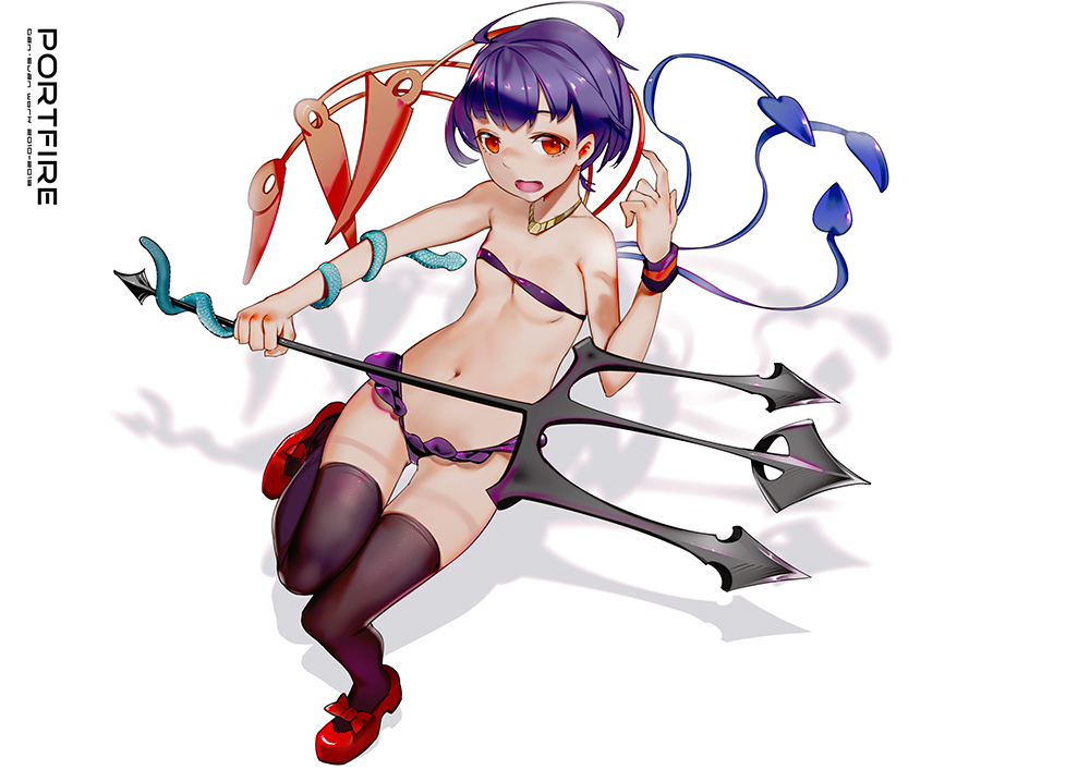 ahoge asymmetrical_wings bangs bikini black_legwear bow breasts collarbone el-zheng eyebrows_visible_through_hair full_body holding holding_weapon houjuu_nue jewelry leg_up looking_at_viewer mary_janes micro_bikini navel necklace polearm purple_bikini purple_hair red_bow red_eyes red_footwear shadow shoe_bow shoes short_hair small_breasts snake solo standing standing_on_one_leg stomach swimsuit tareme thigh_gap thighhighs touhou trident underboob weapon wings wrist_cuffs