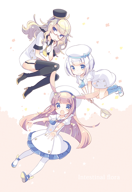 3girls :o animal_ears aruya_(flosrota) bifidobacterium blonde_hair blue_eyes breasts brown_hair bunny_ears c.butyricum dress glasses hat high_heels kneehighs lactocbacillus ladle lilligant long_hair looking_at_viewer multiple_girls necktie original outstretched_arms personification sailor_dress sailor_hat short_hair smile sundress thighhighs thinking white_background white_dress white_hair
