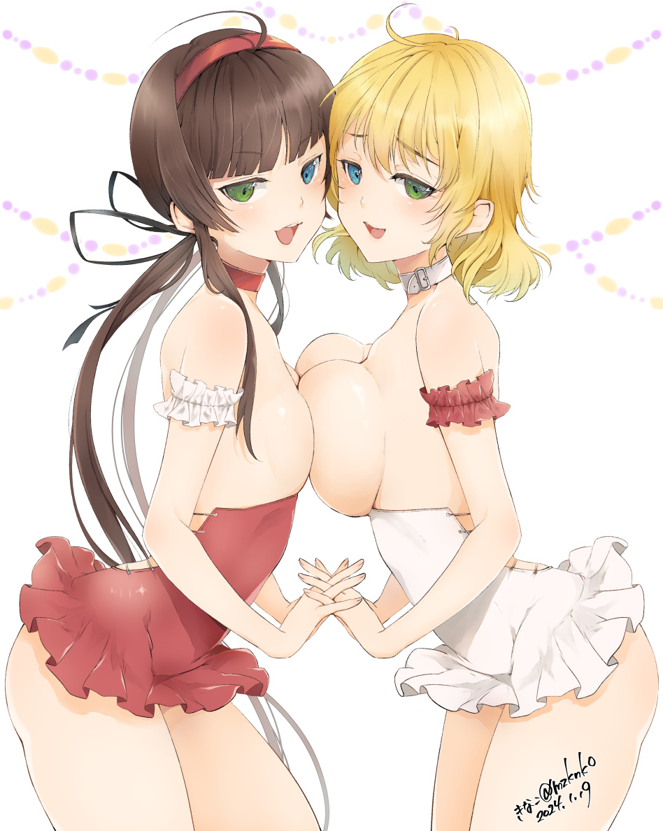 2girls :3 ahoge arm_scrunchie asymmetrical_docking backless_dress backless_outfit bare_shoulders belt belt_choker black_ribbon blonde_hair blue_eyes blush body_blush breast_press breastless_clothes breasts breasts_out brown_hair choker cleavage collarbone covered_navel dated dress green_eyes groin hair_ribbon hairband heterochromia holding_hands kinako_(mzknk0) large_breasts long_hair looking_at_viewer low_twintails microdress multiple_girls navel open_mouth red_belt red_choker red_dress red_hairband red_scrunchie revealing_clothes ribbon ryoubi_(senran_kagura) ryouna_(senran_kagura) scrunchie senran_kagura senran_kagura_shinovi_versus short_hair siblings signature sisters small_breasts smile standing streamers teeth tongue twins twintails upper_teeth_only very_long_hair white_background white_belt white_choker white_dress white_scrunchie