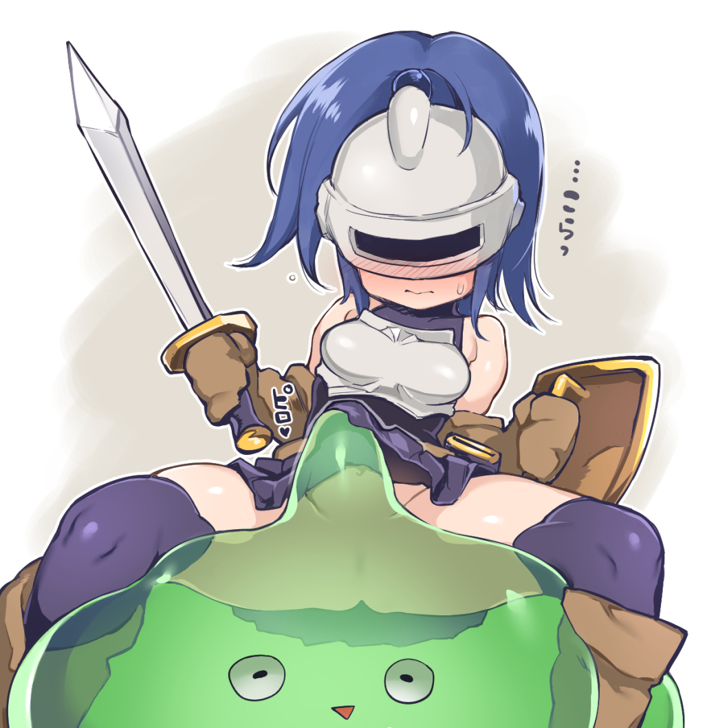 atte7kusa bare_shoulders blue_hair blush boots breasts brown_footwear brown_gloves closed_mouth dragon_quest gloves holding holding_sword holding_weapon lifted_by_self mask medium_breasts navel no_panties purple_legwear purple_skirt pussy shield short_hair sitting skirt skirt_lift slime_(dragon_quest) slime_knight spread_legs sweatdrop sword thighhighs weapon