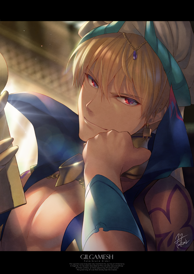 arabian_clothes backlighting blonde_hair character_name clenched_hand closed_mouth earrings english eyebrows_visible_through_hair fate/grand_order fate_(series) fukai_ryousuke gilgamesh gilgamesh_(caster)_(fate) hand_on_own_cheek highlights holding jewelry lens_flare letterboxed looking_at_viewer male_focus multicolored_hair necklace open_clothes red_eyes shoulder_tattoo signature sleeveless smile tattoo tsurime turban upper_body wrist_guards