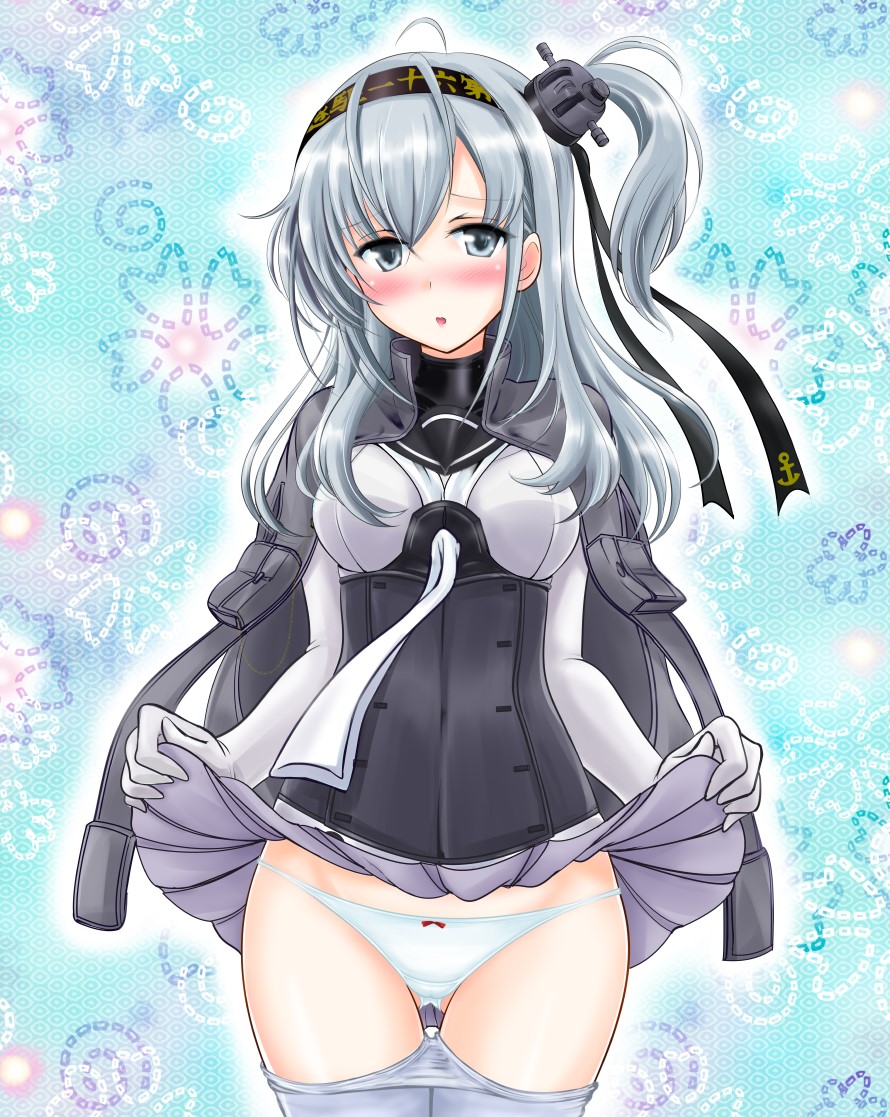 :o ahoge ass_visible_through_thighs bangs black_hairband black_jacket blue_background blush breasts corset covered_navel cowboy_shot elbow_gloves floral_background gloves hairband headgear jacket jacket_on_shoulders kantai_collection lifted_by_self long_hair looking_at_viewer medium_breasts miniskirt neckerchief nose_blush one_side_up open_clothes open_jacket open_mouth panties pantyhose pantyhose_pull pleated_skirt pocket school_uniform serafuku shiny shiny_hair silver_eyes silver_hair skirt skirt_lift solo standing suzutsuki_(kantai_collection) tachibana_hiroki tareme thigh_gap underwear white_gloves white_legwear white_neckwear white_panties white_skirt
