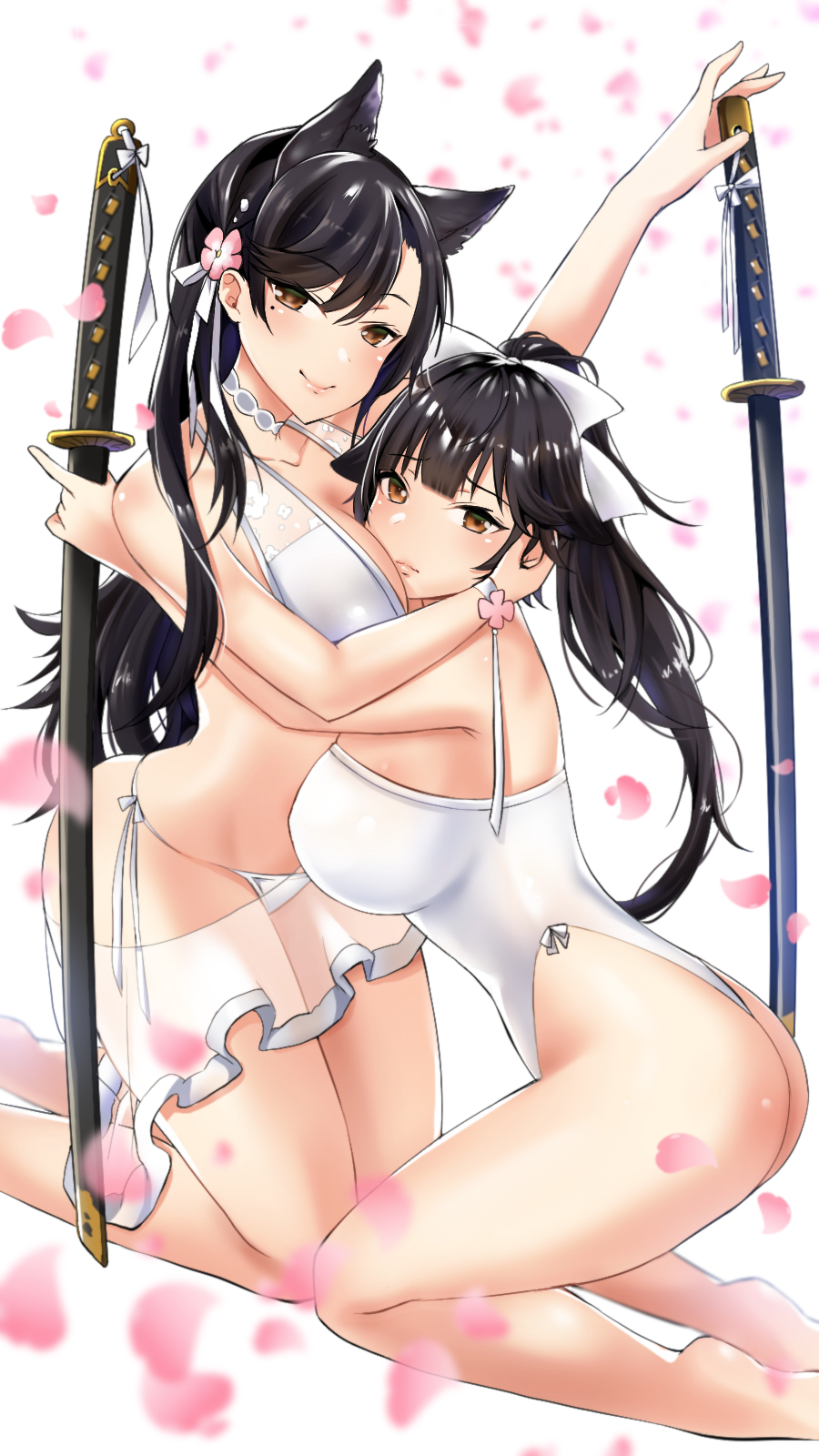 animal_ears ass atago_(azur_lane) azur_lane bangs bikini black_hair bow breast_smother breasts brown_eyes casual_one-piece_swimsuit criss-cross_halter dog_ears hair_bow hair_flaps halterneck highres holding holding_sword holding_weapon large_breasts long_hair looking_at_viewer mole mole_under_eye multiple_girls one-piece_swimsuit one-piece_thong ponytail ribbon sarong side-tie_bikini swept_bangs swimsuit sword takao_(azur_lane) very_long_hair weapon white_background white_bikini white_bow white_ribbon white_swimsuit yuzuri_ai